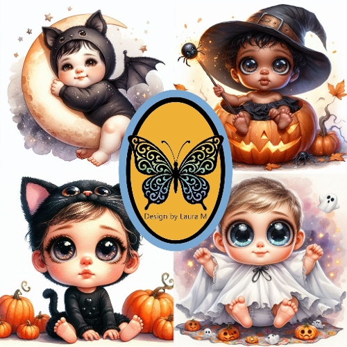Watercolor Collage of 4 Cute Halloween Babies – Ghost, Cat, Bat & Pumpkin – JPEG 2000x2000
