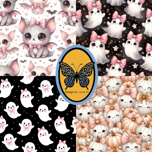 Collage of 4 Watercolor Halloween Patterns – Ghosts, Bats & Pumpkins with Pink Bows – JPEG 1794x1794