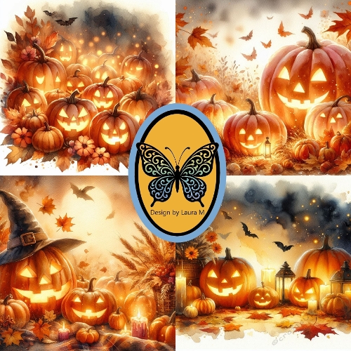 Collage of 4 Watercolor Halloween Scenes – Pumpkins, Bats, Lanterns & Witch Hat – JPEG 794x1794