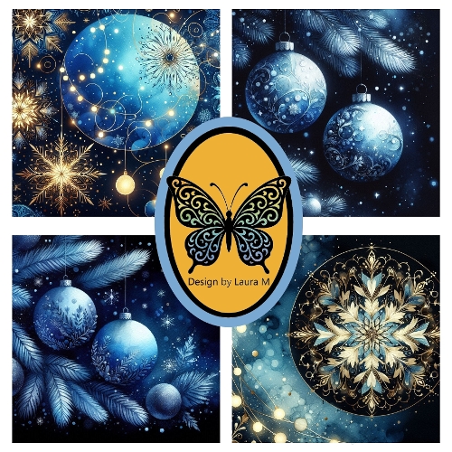 Collage of 4 Blue Christmas Ornaments – Snowflakes & Stars – Digital Illustration JPEG