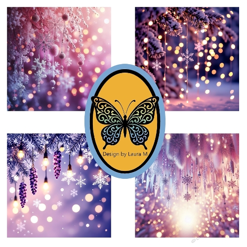 Collage of 4 Winter Wonderland Photos – Snowflakes, Pine Branches & Colorful Lights – JPEG 1794x1794