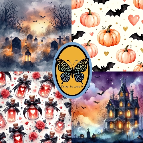 Collage of 4 Halloween Watercolor Scenes – Graveyard, Pumpkins, Potions & Haunted Mansion – JPEG