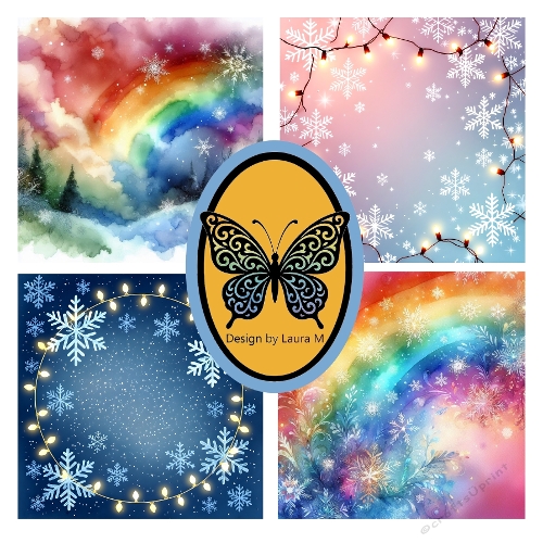 Collage of 4 Watercolor Winter & Rainbow Scenes – Snowflakes, Clouds & Pastel Landscapes – JPEG