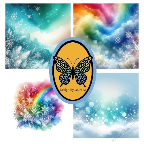 Collage of 4 Abstract Watercolor Scenes – Snowy Forest, Rainbow & Dreamy Sky – JPEG