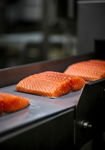 Fresh Salmon Fillets on Industrial Conveyor Belt