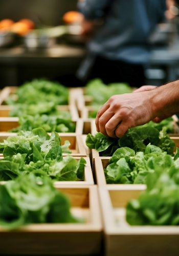 Hand Selecting Fresh Green Lettuce from Wooden Crates