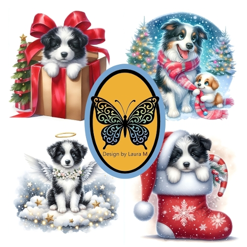 Cute Border Collie Puppies in Christmas Festive Illustrations