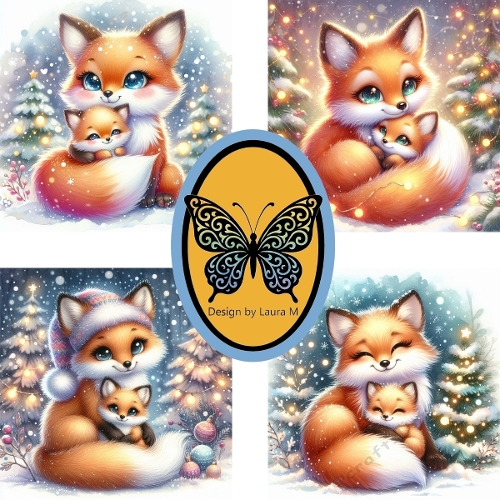 Collage of Four Cute Festive Foxes in Snowy Forest – Digital Illustration