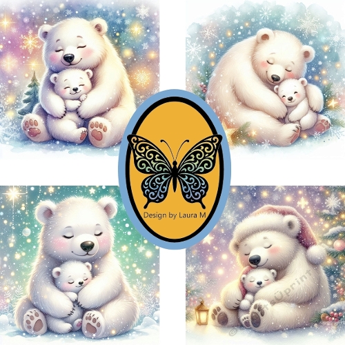 Collage of Four Festive White Bears – Watercolor Christmas Illustration