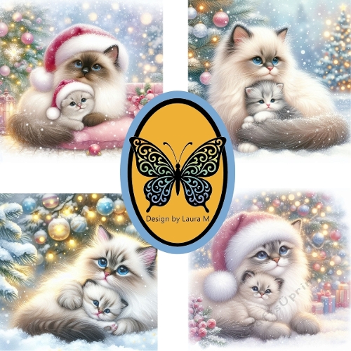 Collage of Four Festive Cats in Santa Hats – Christmas Digital Illustration