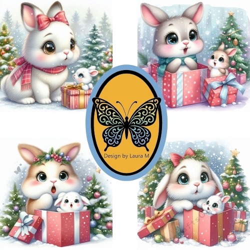 Collage of Four Cute Rabbits in Festive Boxes – Christmas Digital Illustration