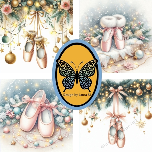 Collage of Four Pastel Ballet Shoes – Festive Holiday Digital Illustration
