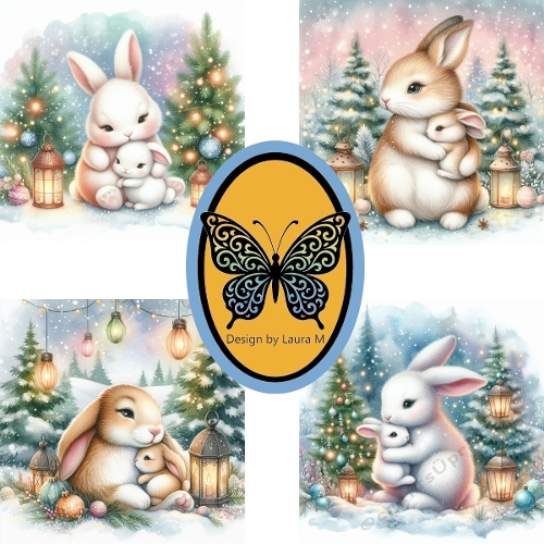 Collage of Four Cute Hugging Bunnies – Pastel Winter Holiday Illustration