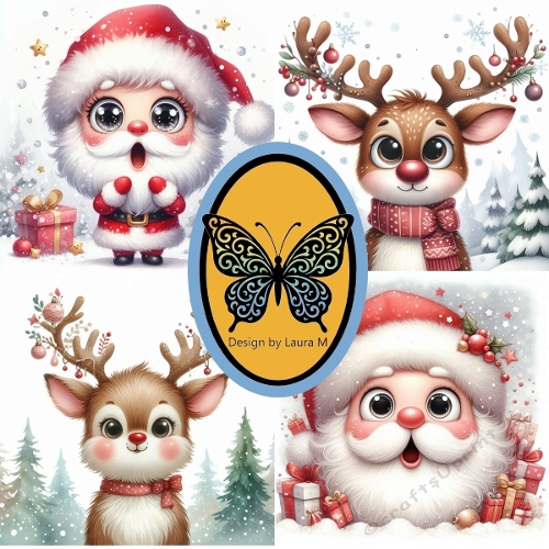 Collage of Four Santa Claus & Reindeer – Watercolor Christmas Illustration
