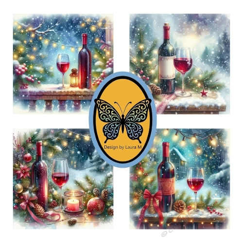 Festive Winter Wine Scene – Digital Illustration with Lantern, Pinecones & Snow