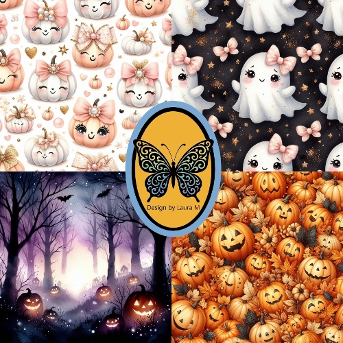 Collage of Four Halloween Watercolor Scenes – Pumpkins, Ghosts & Spooky Forest – JPEG