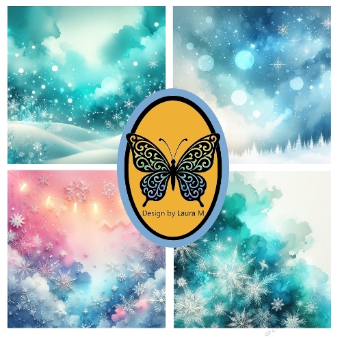 Collage of Four Winter Watercolor Scenes – Snowflakes, Forest & Gradient Skies – JPEG 1200x1200