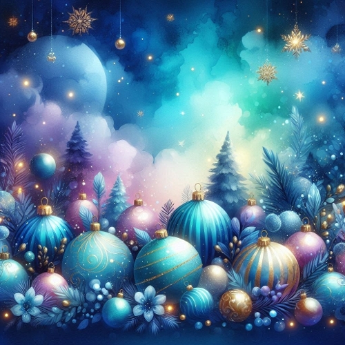 Winter Night Scene with Ornaments & Snowflakes – Whimsical Digital Illustration