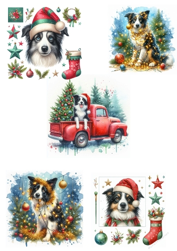 Border Collie Christmas Collage A4 Sheet – Festive Watercolor Scenes