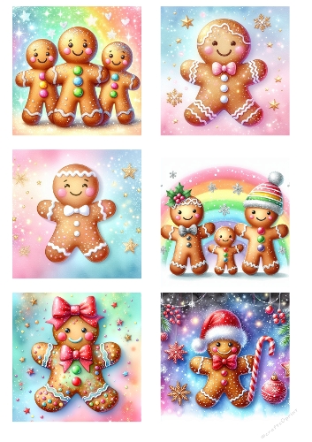 Six Festive Gingerbread Men & Women with Candy on Rainbow Sparkly Background