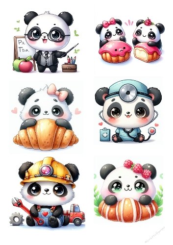 Six Cute Chibi Pandas in Professions – Doctor, Chef, Engineer, Nurse, Baker 