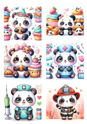 Watercolor Pandas in Costumes – Nurse, Chef, Doctor, Baker, Firefighter & Baby Panda