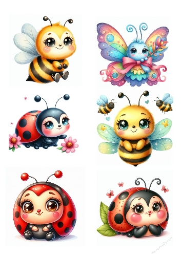 Cute Chibi Bees & Ladybugs – Whimsical Digital Illustration with Colorful Wings
