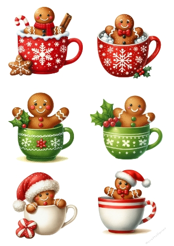 Six Festive Gingerbread Men & Women with Candy on Rainbow Sparkly Background