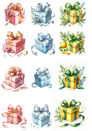 Nine Colorful Gift Boxes with Bows, Ribbons & Festive Decorations