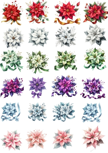 26 Watercolor Poinsettia Flowers with Ribbons – Colorful Holiday Floral Illustration 