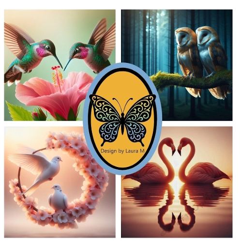 Romantic Birds 4-Panel Watercolor Collage – Hummingbirds, Owls, Dove & Flamingos Printable Art (1200x1200 px)