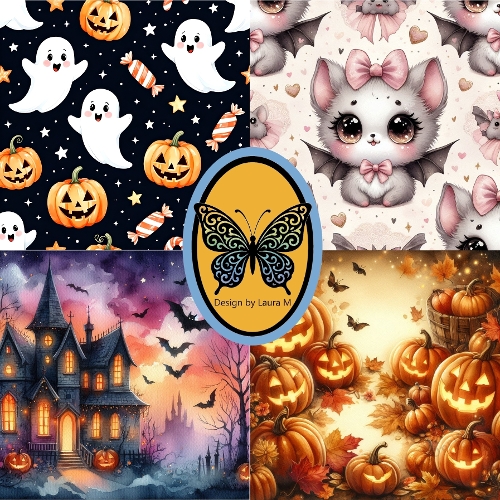 Halloween Fun 4-Panel Collage – Ghosts, Pumpkins, Bats & Haunted House Printable Art (1200x1200 px)