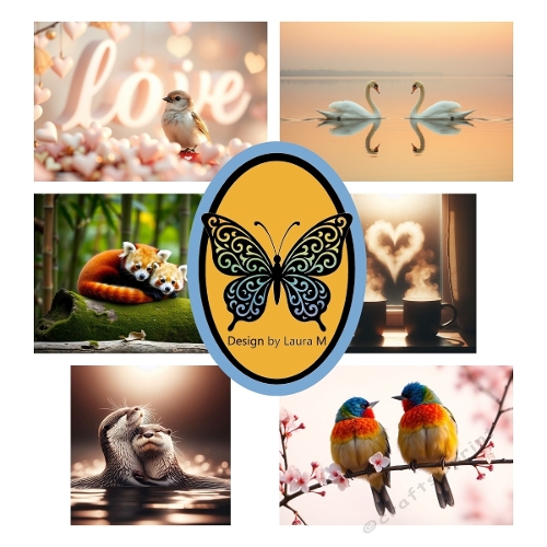 Romantic Nature 6-Panel Collage – Lovebirds, Red Panda, Sunset & Heart Steam Printable Art (1200x1200 px)