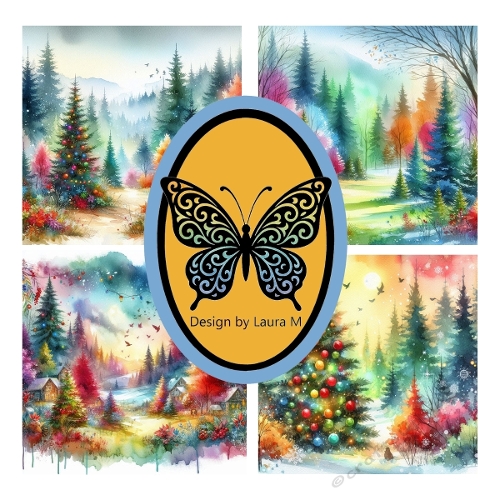 Festive Winter 4-Panel Collage – Snowy Forest, Christmas Tree, Cabin & Sunset Printable Art (1200x1200 px)