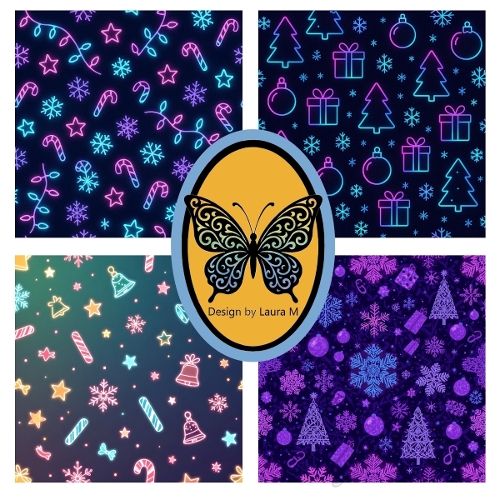Neon Christmas 4-Panel Pattern Set – Candy Canes, Snowflakes, Trees & Gifts Printable Art (1200x1200 px)