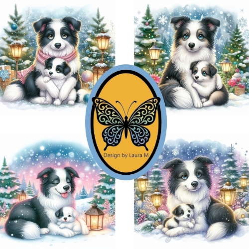 Whimsical Border Collie & Puppy – Snowy Forest Christmas Scene Printable Art (1200x1200 px)