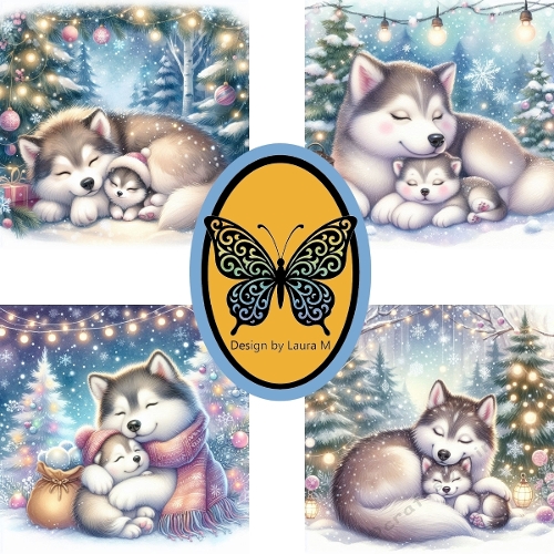 Adorable Husky Family 4-Panel Collage – Puppies & Mother in Snowy Pastel Forest (1200x1200 px)