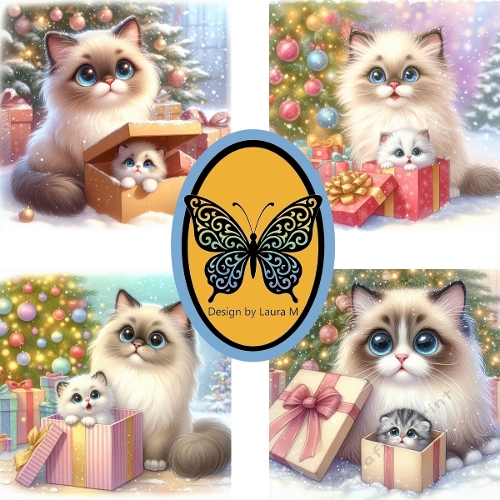 Siamese Cats Christmas Scene – Two Cute Blue-Eyed Cats with Tree & Gifts Printable Art (1200x1200 px)