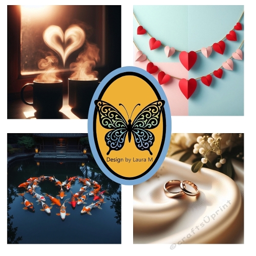 Romantic 4-Panel Collage – Heart Steam, Necklace, Koi Fish & Wedding Rings Printable Art (1200x1200 px)