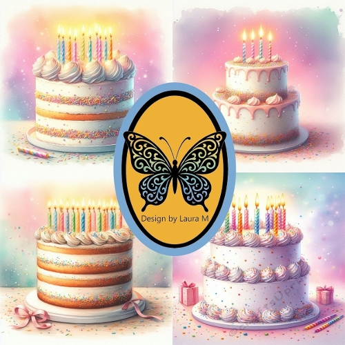 Whimsical Birthday Cakes 4-Panel Collage – Colorful Candles & Sprinkles Printable Art (1200x1200 px)