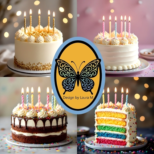 Vibrant Birthday Cakes 4-Panel Collage – Colorful Candles & Festive Lights Printable Art (1200x1200 px)