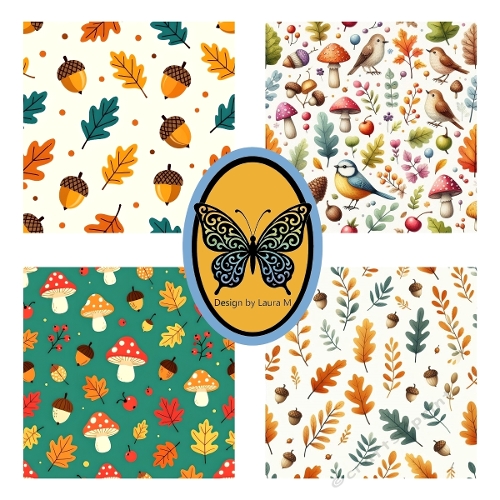 Autumn Pattern 4-Panel Collage – Acorns, Leaves, Mushrooms & Birds Printable Art (1200x1200 px)