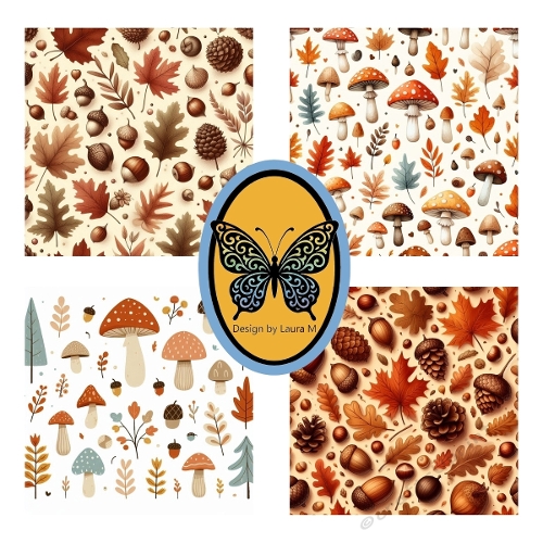 Autumn Leaves & Mushrooms 4-Panel Pattern Set – Pinecones & Acorns Printable Art (1200x1200 px)