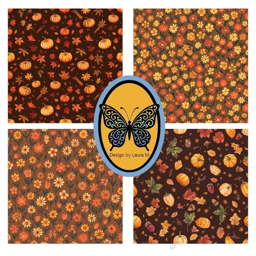 Autumn Pattern 4-Panel Collage – Pumpkins, Leaves, Flowers & Acorns Printable Art (1200x1200 px)