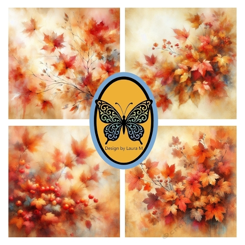 Autumn Leaves 4-Panel Watercolor Collage – Maple Leaves, Berries & Twigs Printable Art (1200x1200 px)