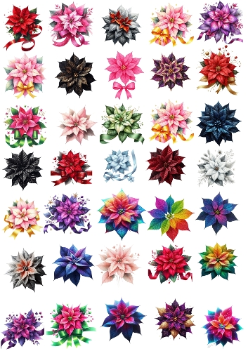 35 Ornate Poinsettias – Colorful Christmas Floral Grid A4 Digital Paper (JPEG)