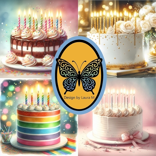 Watercolor Birthday Cakes 4-Panel Collage – Chocolate, Rainbow, Gold & Pink Bow Printable Art (1200x1200 px)