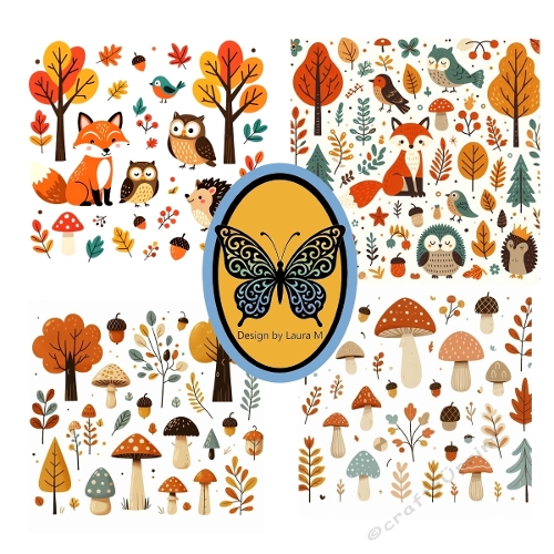 Whimsical Autumn Animals 4-Panel Collage – Foxes, Owls & Mushrooms Printable Art (1200x1200 px)