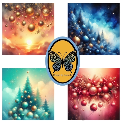 Holiday Trees 4-Panel Collage – Glowing Ornaments with Sunset & Starry Skies Printable Art (1200x1200 px)