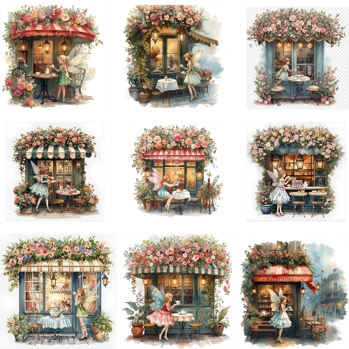 Whimsical Fairy Cafes Collage – 9 Charming Watercolor Digital Paintings, Pastel Fantasy Tea Shops
